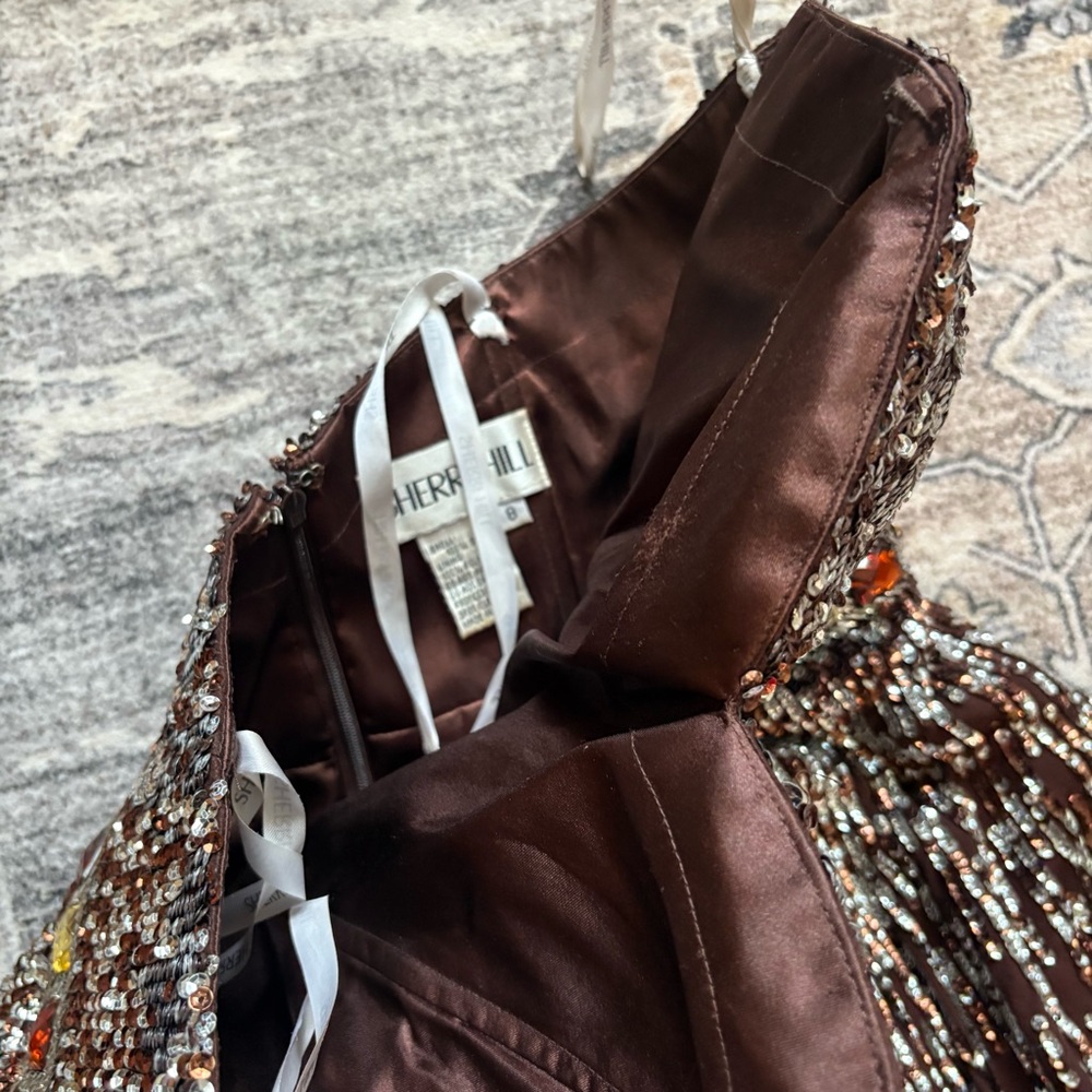 Sherri Hill sparkle glitter pageant prom formal dress brown mocha size 6 silk - Picture 5 of 13